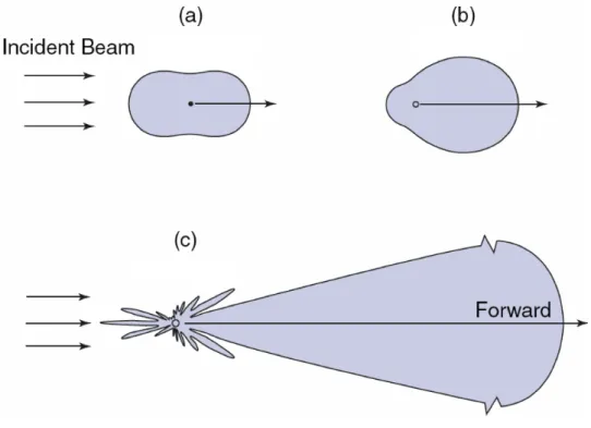 Figure II.1 – Répartition de la probabilité de diffusion dans différentes directions, pour différents types de diffusion : (a) Rayleigh, (b) et (c) Mie avec une particule plus grande en (c)