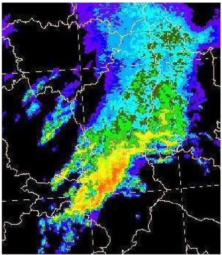 Fig. 1.2 Carte de précipitations observée par les radars de Météo-France à proximité du  Gard le 9 septembre 2002 à 6h TU (rouge = précipitations &gt; 360 mm/h, orange =  précipitations &gt; 115 mm/h) 