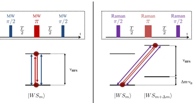 Figure III.5 – A gauche : Séquence de l’interféromètre Ramsey micro-onde symétrique (RMWS).
