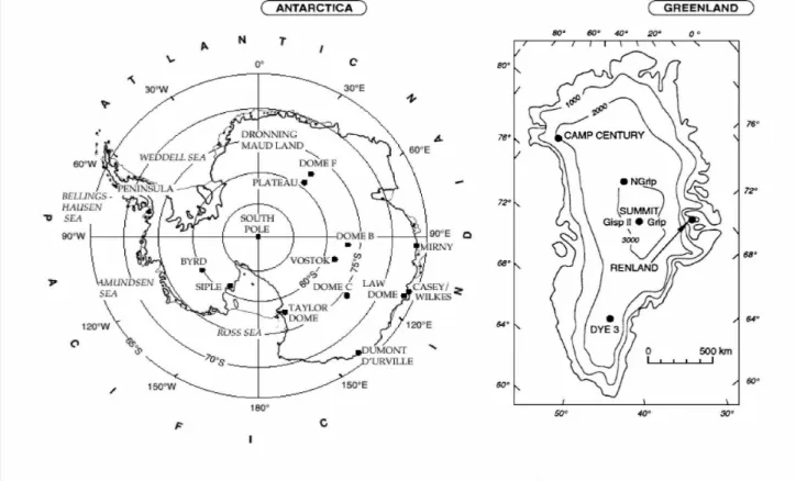 Illustration 0.2 Cartes de l’Antarctique et du Groenland avec les différents sites de forages profonds.