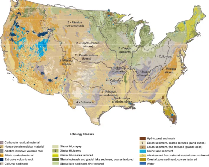 Figure I-2 : Carte simplifiée de la lithologie de surface des Etats-Unis et du bassin versant du  Mississippi (modifiée d’après Cress et al., 2010) 