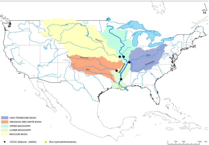 Figure I-13 : Localisation des stations de mesures hydrologiques du Mississippi et de ses  principaux affluents (USGS, National Atlas) 