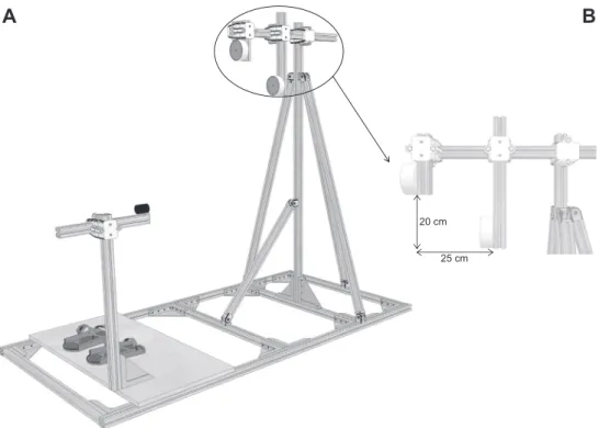 Fig. 1. Experimental setup. (A) Global view of the pointing structure including targets, start push-button (black array) and footstraps