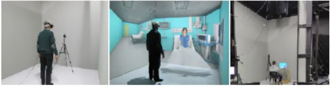 Figure 1: Participants interacting with the virtual patient with different virtual environment displays (from left to right): virtual reality headset, virtual reality room, and PC.
