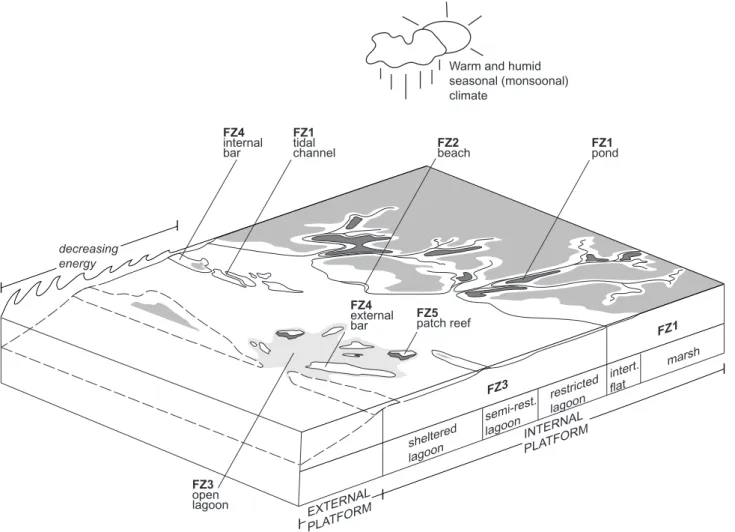 Fig. 2.6: Three-dimensional diagram showing the spatial distribution of the facies zones and associated depositional environments