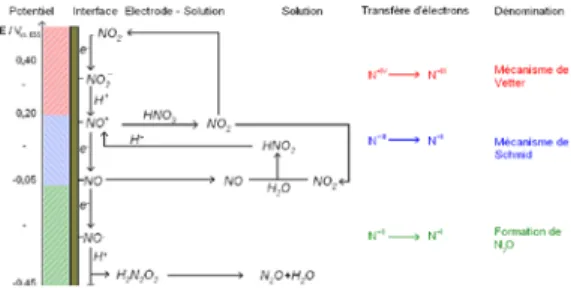 Fig. 1 : mécanismes de réduction de l’acide nitrique en milieu concentré [3 ] 