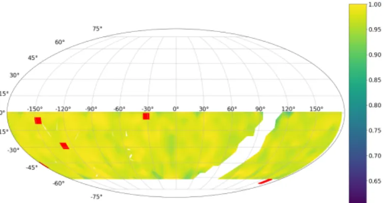 Fig. 9. Spatial distribution of the accuracy obtained with PELICAN for the classification of light curves simulated with minion 1016 cadence model