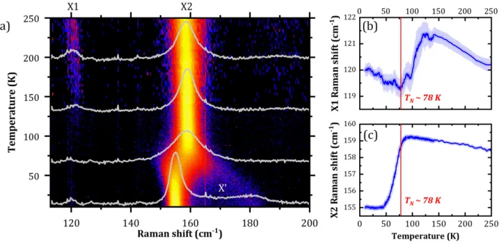 FIG. 3. a) False-color map of Raman scattering response (logarithmic scale for the intensity) together with a few characteristic spectra measured as a function of temperature and focused on the spectral region encompassing the X1 and X2 phonon modes which 