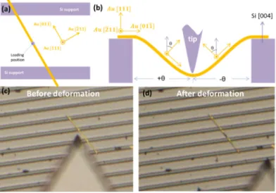 Fig.  1:  Schematic illustration of the crystalline orientation for a gold nanowire crossing a Si micro-trench: (a) Top view  and (b) side view