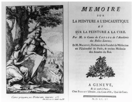 Figure 1 . A.-C.-P. de Caylus, Me Umoire sur la peinture a [ l’encaustique et sur la peinture en cire, Puteaux, 1999, reprint of the 1st edition of 1755, front page and Plate 1.