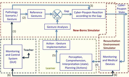 Figure 2: Functional diagram of the new-borns simulation system. Relationships  labelled with a number between brackets (n) are detailed in the above paragraph