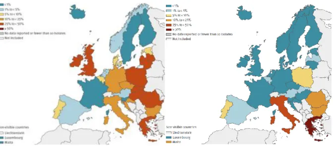 Figure 6: proportion de souches multirésistantes dans les bactériémies en Europe en 2017 : à  gauche  résistance  aux  carbapénèmes  chez  Klebsiella  pneumoniae,  à  droite    résistance  aux  glycopeptides  chez  Enterococcus  faecium