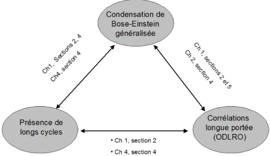 Fig. 0.2  Etat des lieux des résultats prouvés dans cette thèse concernant l'équi- l'équi-valence des critères de condensation et des classications des condensats, cycles et corrélations à longue portée.