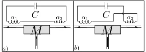 Figure 1. Schematic description of the noise cross-correlation setup. M is the mesoscopic circuit to be measured, C is the capacitor and there are two inductors with coupling constants α 1 and α 2