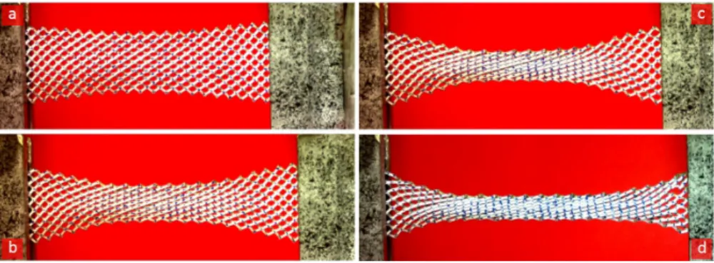 Fig. 21: Deformed shapes of a 316L steel pantographic structure with perfect pivots.
