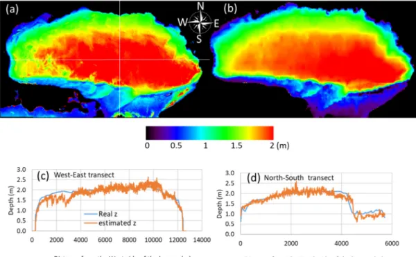 Figure 5. (a) Retrieved water depth from the simulated BIODIVERSITY datasets; (b) water depth measured in situ using  a sounder provided by RNC institute; (c) west–east distribution of water depth along a transect at 43.54° latitude, (d)  north–south water