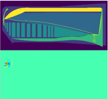 Fig. 6. Top: Sperm whale slice. Bottom: 3D wave propagation simulation