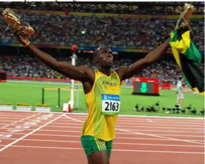 Figure 1 – L’athlète jamaïcain Usain Bolt après sa victoire et son deuxième record du monde sur cent  mètres le 16 août 2008 aux Jeux olympiques de Pékin.