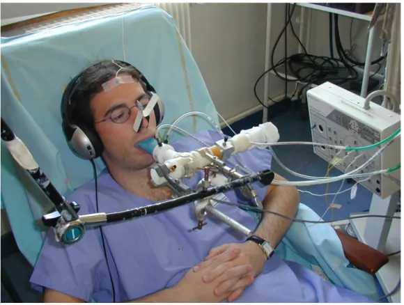 Figure  5.  Vue  générale  de  la  technique  d'enregistrement des  potentiels  évoqués  respiratoires  lors  de  la  ventilation  sur  un  embout  buccal  chez  un  sujet  sain