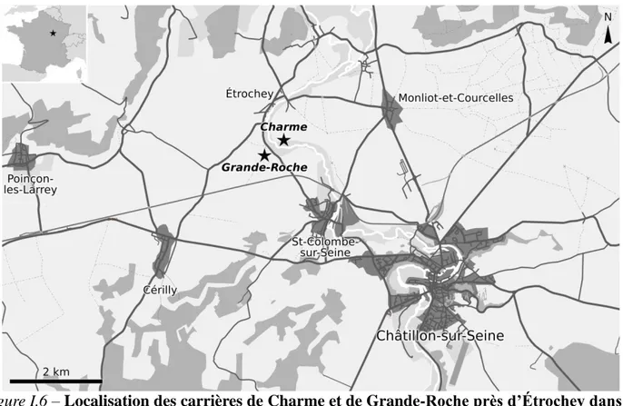 Figure I.6 – Localisation des carrières de Charme et de Grande-Roche près d’Étrochey dans le  Châtillonnais