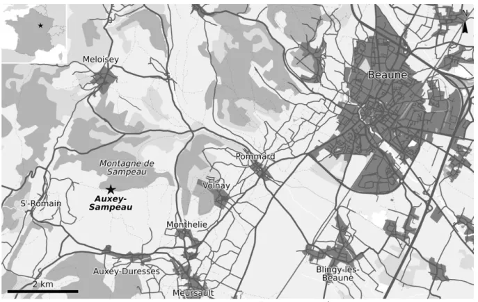 Figure  I.11  –  Localisation  du  gisement  d’Auxey-Sampeau,  près  de  Beaune.  Carte  modifiée  d’après openstreetmap.net