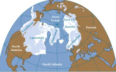Figure 2: Northern hemisphere ice sheets extend at the last glacial maximum (LGM), ∼ 20 ka b2k