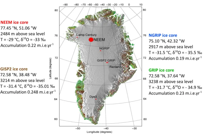 Figure 3: Location of the deep ice core drilling sites in Greenland. Source:
