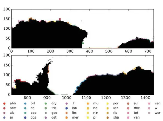 Figure 2.2: Representation of the oceanic grid points adjacent to an ice shelf in an extracted subset of the ORCA025 grid Colors code correspond to the  follow-ing ice selves: Astrid-Ragnhild (AR), North-East (NE), Amery (AIS), West (W), Shackleton (SHA), 