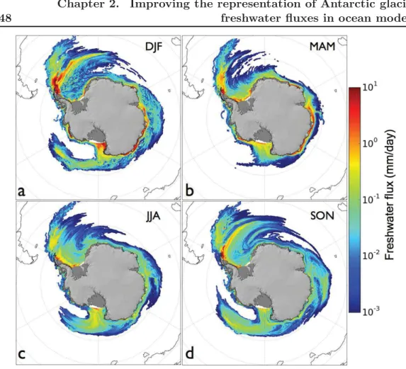 Figure 2.9: Climatology of iceberg freshwater flux over the Southern Ocean in mm/day for (a) summer, (b) autumn, (c) winter and (d) spring seasons
