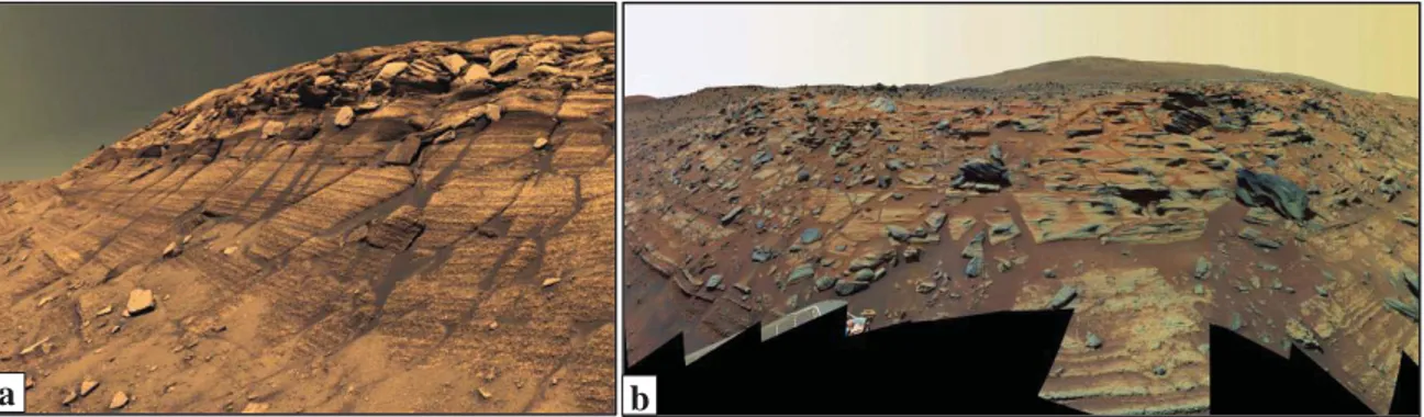 Figure I.1. a. L’affleurement Burns Cliff au niveau des parois du cratère Endurance photographié  par Opportunity (2004) montre des roches stratifiées  ( NASA/JPL/Cornell) 