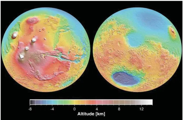 Figure I.17. La topographie globale de Mars à partir du MNT MOLA à 128 pixel/degré de  résolution (NASA/JPL)