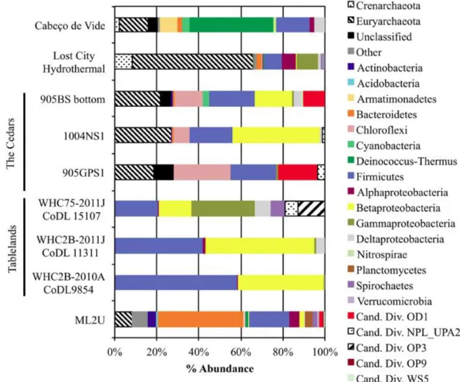 Figure 1.13: Comparaison de la diversité taxonomique classifiée au niveau du phylum (ou de la classe pour les Proteobacteria) dans différents écosystèmes serpentinisés