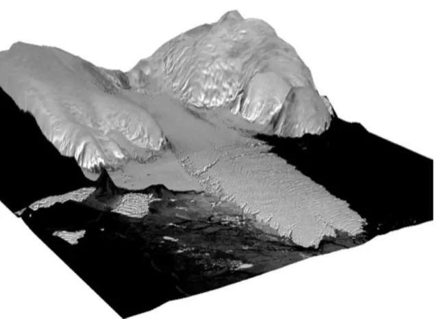 Figure 1.3: Image drapée sur le DEM-SPIRIT du glacier Mertz (voir [102]). ©CNES 2008 / Distribution Spot Image.
