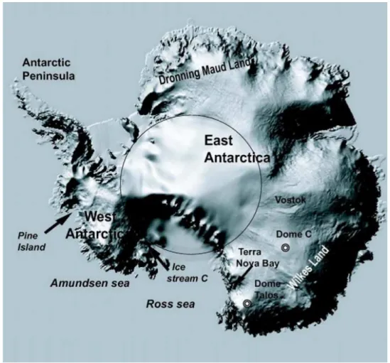 Figure 3.4: Topographie de surface de la calotte Antarctique déduite de la mission géodé- géodé-sique d’ERS 1, [151]