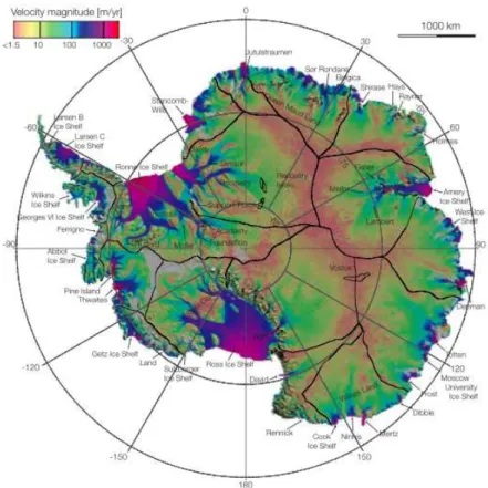 Figure 1.2 – Vitesses d’´ecoulement de la glace en surface, d’apr`es Rignot et al. (2011).