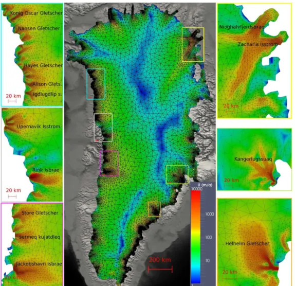 Figure 1.12 – Maillage ´el´ements finis non structur´e et vitesses en surface mod´elis´ees pour le Groenland, apr`es optimisation du frottement basal β par la m´ethode de Robin.