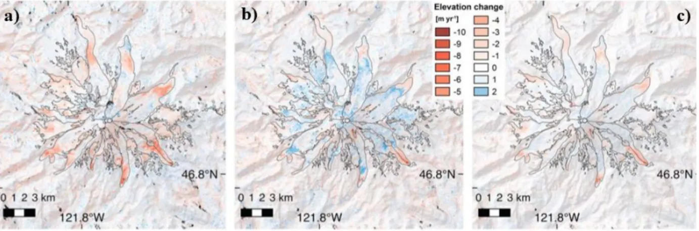 Figure 8 : Taux de variation de l’altitude de surface exprimé en m an-1 sur la période  2000-2009  (A),  2009-2018  (B)  et  2000-2018  autour  du  Mont  Reinier  (South  Cascades,  Etats-Unis)
