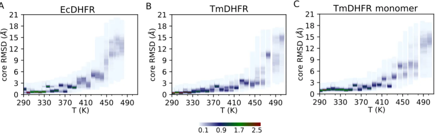 Fig. 4 Thermal stability: RMSD distributions Evolution of RMSD distributions with temperature for EcDHFR (A), TmDHFR dimer (B), and TmDHFR monomeric form (C)