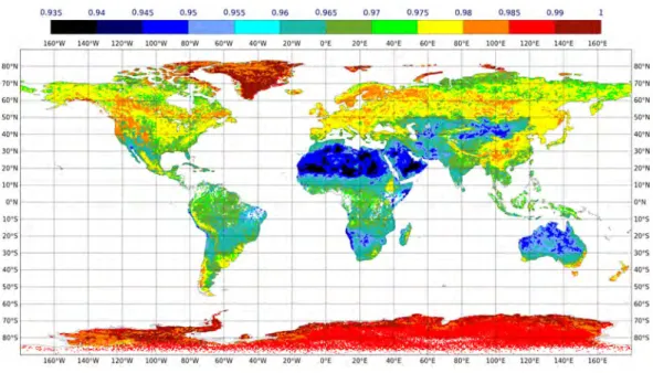 Figure 3.1 – Atlas d’émissivité de l’Université du Wisconsin du canal IASI 1194 (943.25 cm −1 ) dans le modèle global ARPEGE du 15 janvier au 28 février 2015.