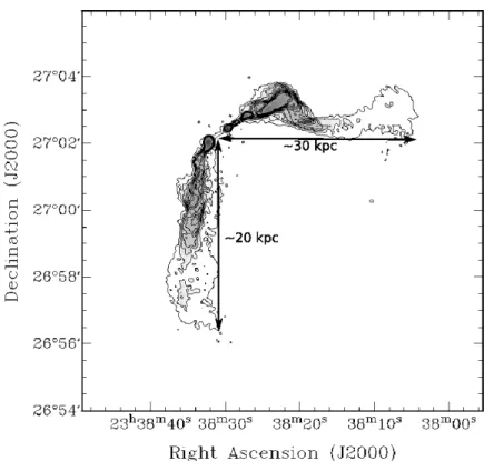 Figure 1.2: The FR-I radio galaxy 3C 465, corresponding to the elliptical galaxy NGC 7720, observed with the VLA at 20 cm (from the 3CRR-Atlas of Leahy, Bridle, and Strom, http://www.jb.man.ac.uk/atlas/).