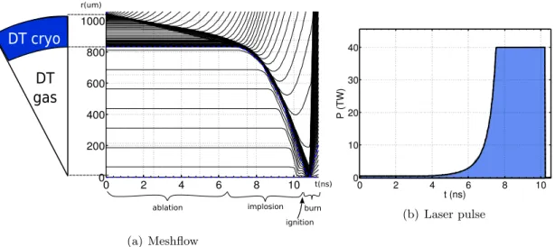 Figure 2.4: Grid flow (a) and laser pulse profile (b) in the simulation of a typical ICF implosion.