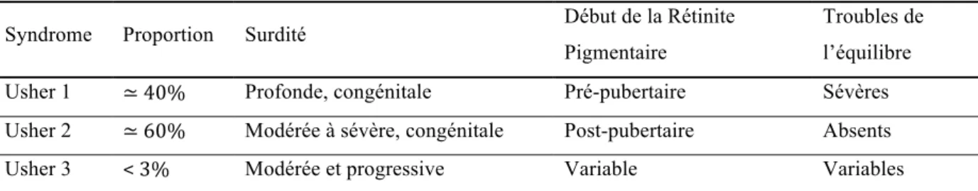 Table 1 : Caractéristiques cliniques des syndromes Usher. Adapté de El-Amraoui et Petit  41 