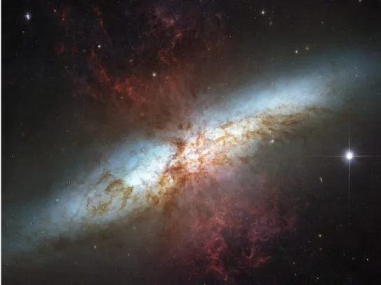 Figure 1.6: Galactic outflows in the Cigar Galaxy, M82. A burst of star formation was triggered in M82 as its neighbour M81 passed close to it, and generated the galactic-scale outflows
