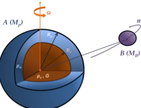Fig. 2. Mechanisms of tidal dissipation in our two-layer planetary model: the inelastic dissipation in the dense rocky / icy core (left) and the dissipation due to the tidal inertial waves that reflect onto the core in the fluid convective envelope (right)