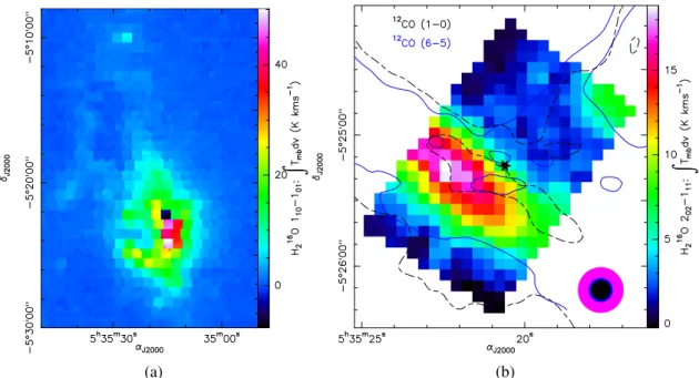 Fig. II.6 Distribution spatiale d’intensité de H 16 2 O pour (a) la transition ortho 1 10 → 1 01 inté- inté-grée entre 6.7 km s − 1 et 14.5 km s − 1 autour de Θ 1 Ori C, et pour (b) la transition para 2 02 → 1 11