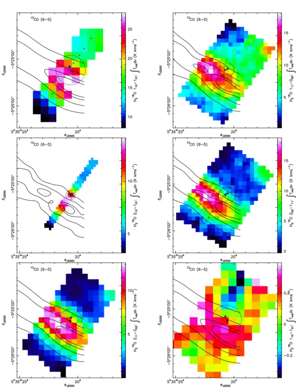 Fig. II.10 Comparaison des distributions spatiales d’émission infrarouge de l’eau (les bornes d’intégration pour chaque transition sont données dans la table II.2) et de 13 CO 6 → 5, à 95 %, 90 %, 75 % et 50 % de l’intensité maximale (intégrée entre 2 km s