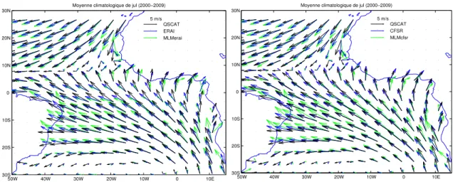 Figure 3.1 – Moyennes climatologiques du mois de juillet des vents QSCAT (noirs), des vents à 10m des réanalyses (bleus), et des vents simulés par MCM (vecteurs).
