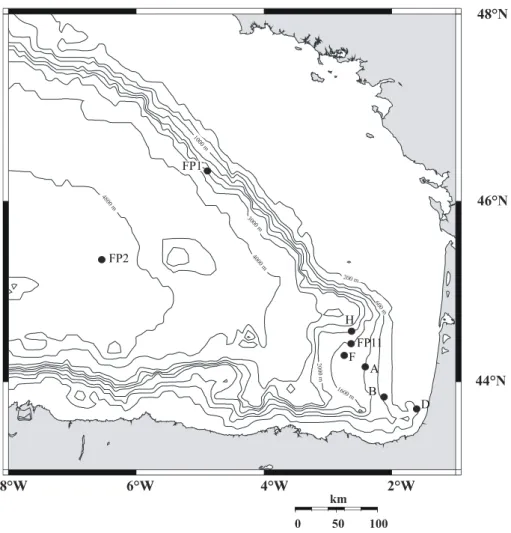 Figure 8c. Golfe de Gascogne ; bathymétrie et localisation des stations étudiées (carte réalisée grâce à  OMC à partir de www.aquarius.geomar.de) 