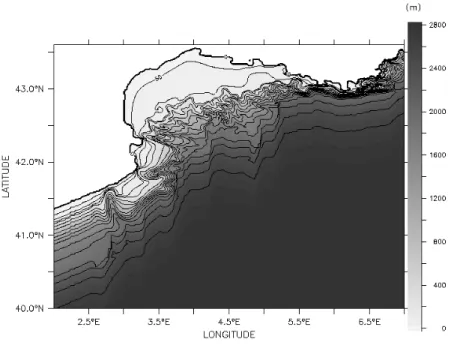 Fig. 5.8 – Model bathymetry for realistic gulf (B1). Contour intervals are 50m until iso-200m, 200m from iso-200m to iso-3000m.