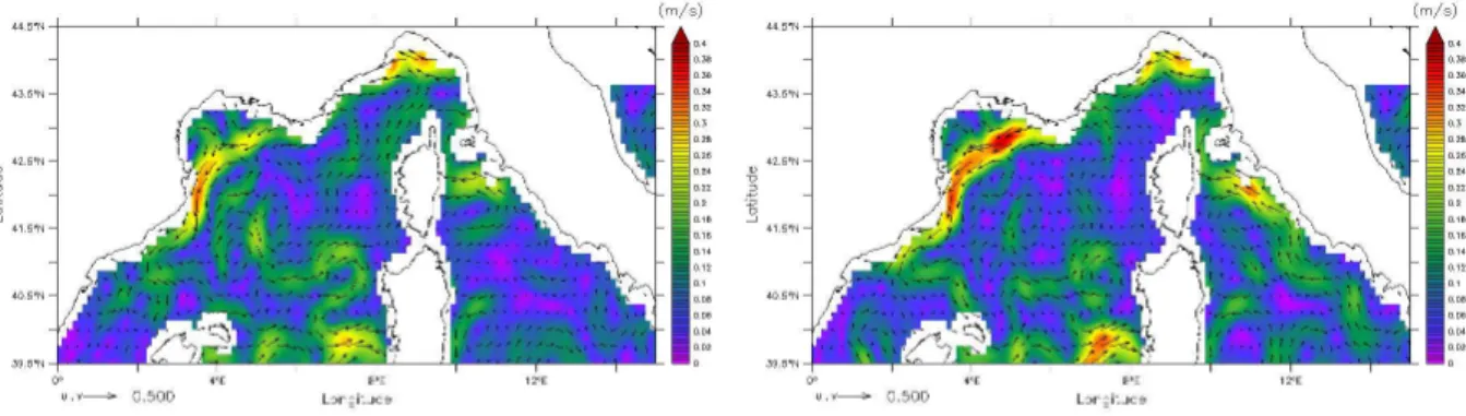 Fig. 1.5 – Vitesses g´eostrophiques moyennes pour l’´et´e 2008 et l’hiver 2009, selon les donn´ees AVISO.
